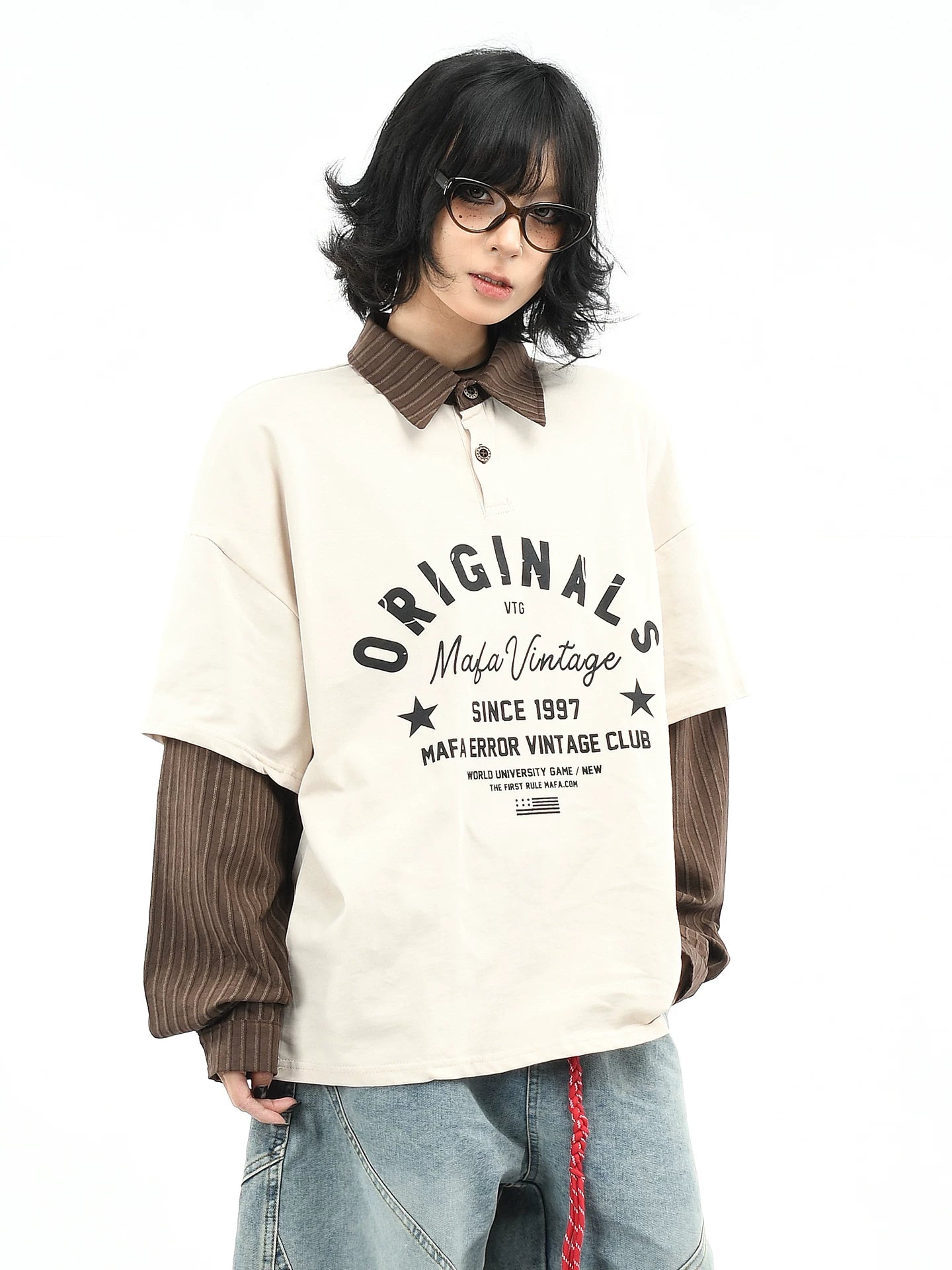 OV Original/American Retro Fake Two Piece Stripe Splicing Collar T-shirt for Men and Women Autumn Street Loose Long Sleeve Polo