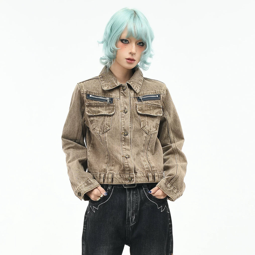 OV original American retro multi pocket workwear denim jacket for women, autumn slim fit short style, vintage lapel jacket trend
