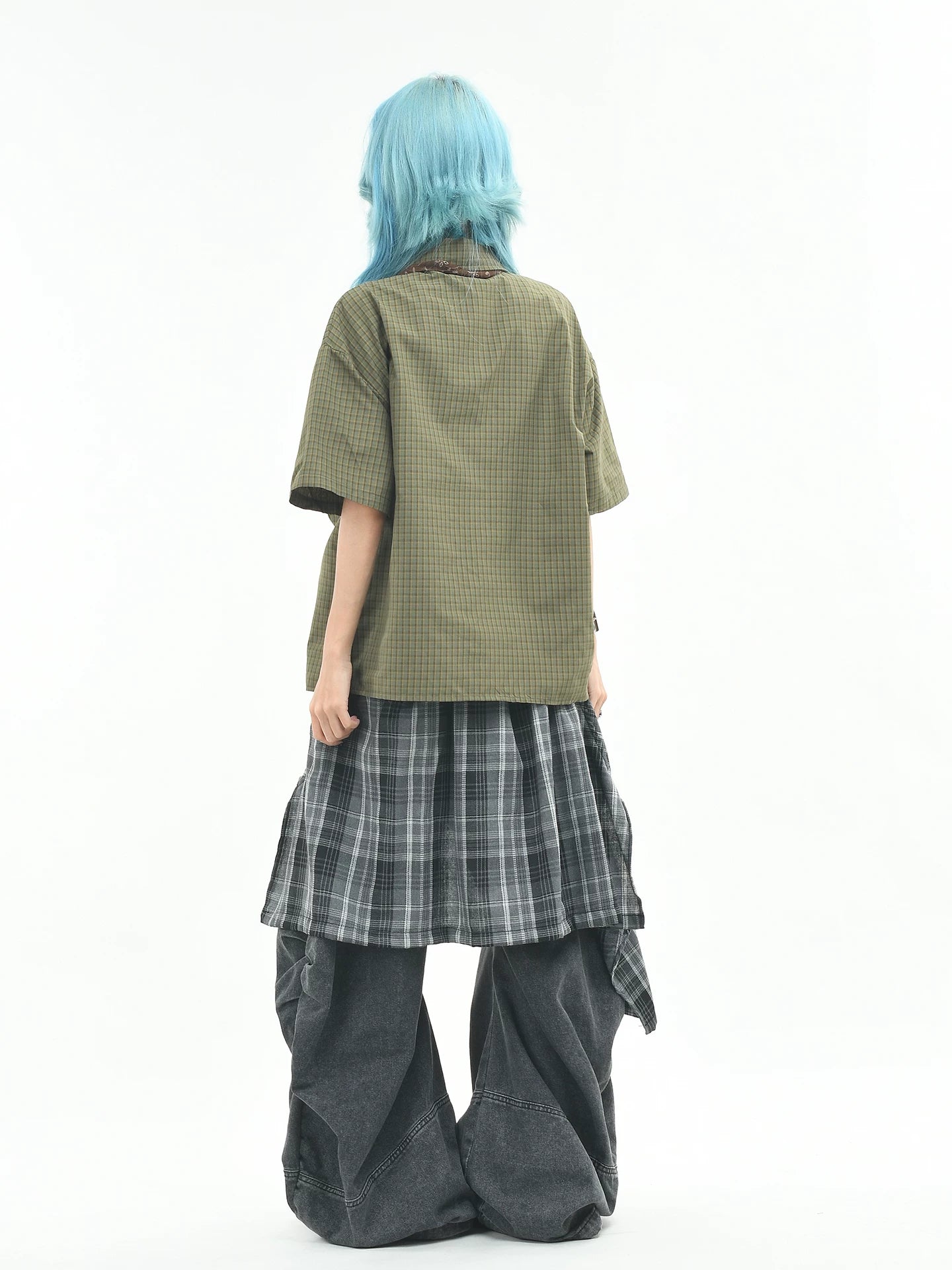 OV原创复古格子撞色短袖衬衫男女夏季宽松学院风领带设计格纹衬衣