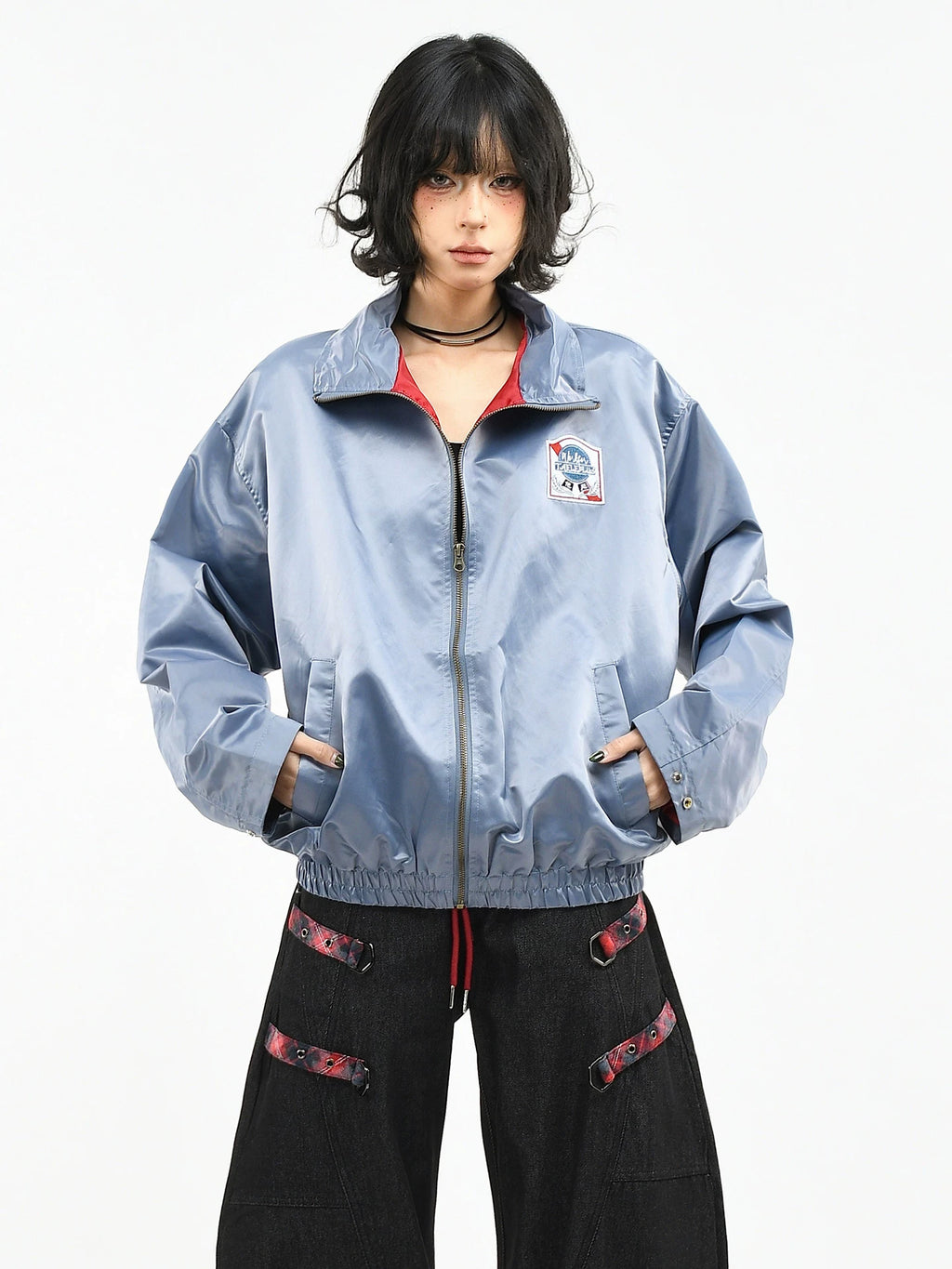 OV original American high-end nylon glossy embroidered stand up collar jacket for women's spring loose short flight jacket for men