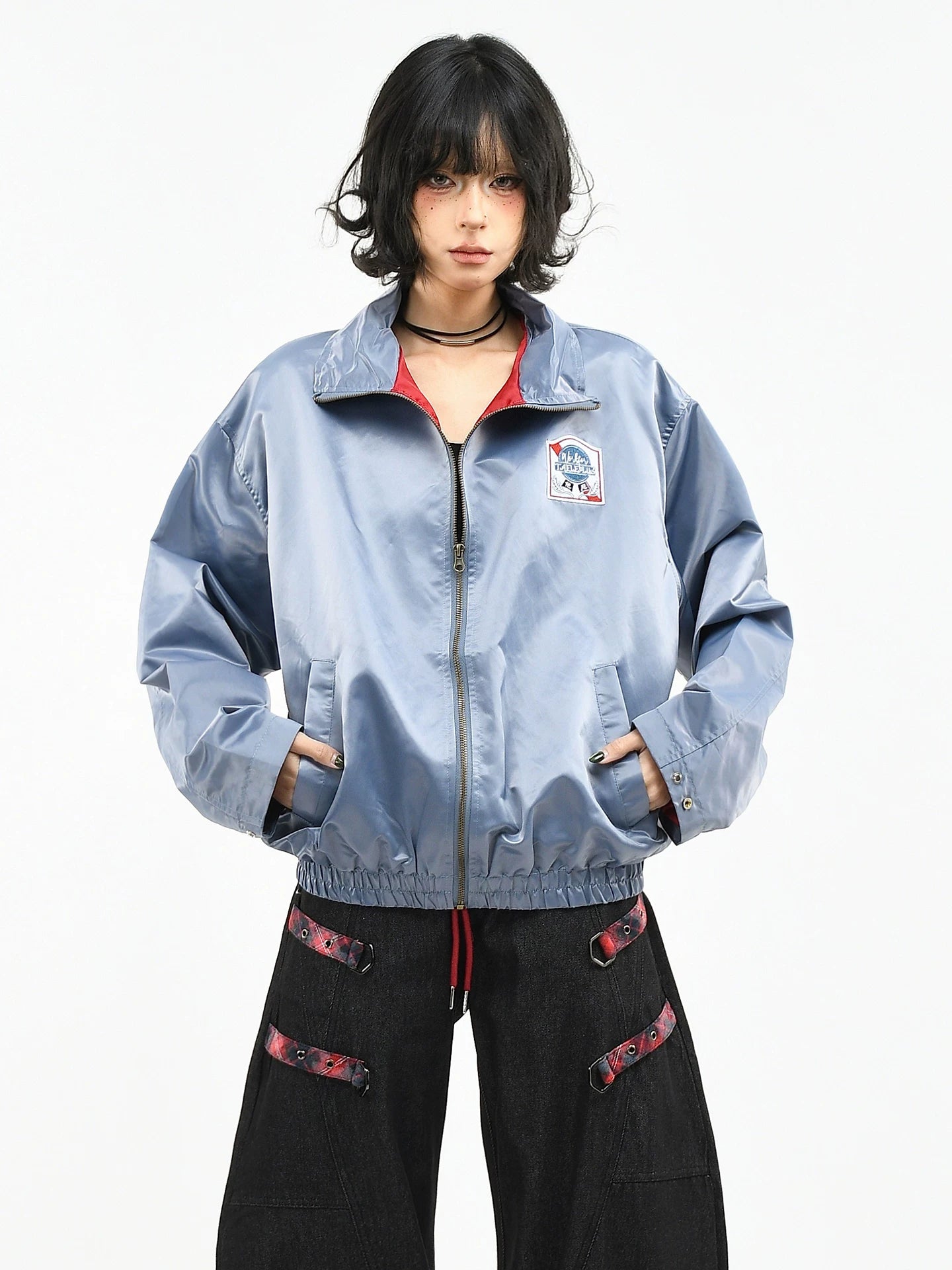 OV original American high-end nylon glossy embroidered stand up collar jacket for women's spring loose short flight jacket for men