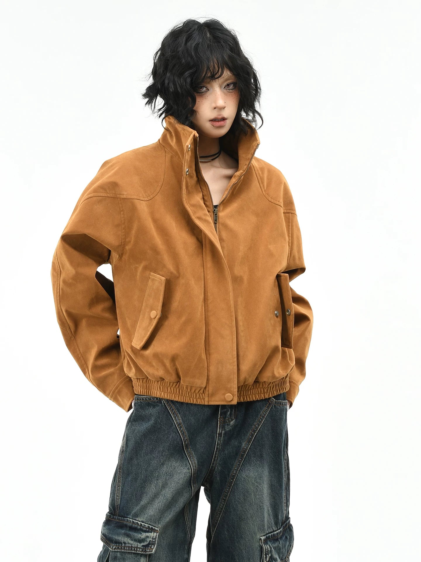 OV original American retro modern leather velvet silhouette warm jacket for women's winter loose short workwear cotton jacket