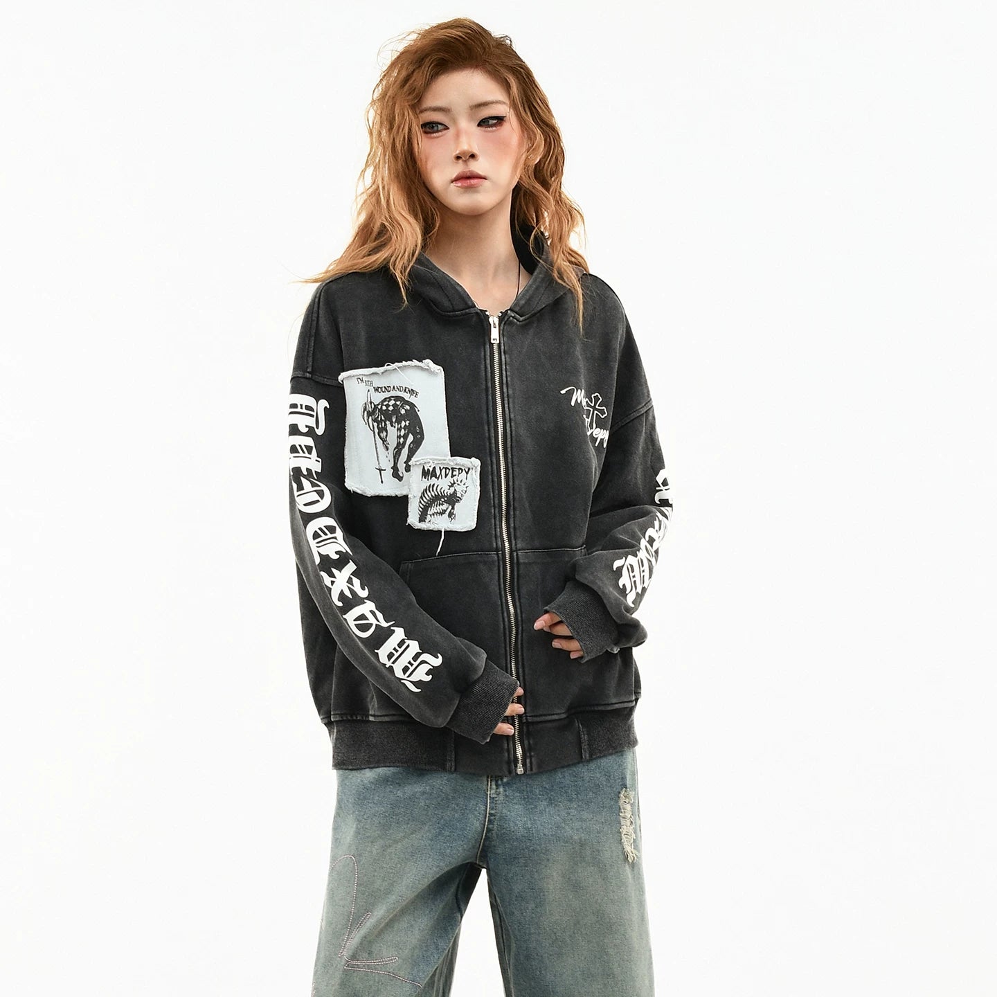 OV original American style patchwork embroidery distressed washed hooded sweatshirt women's spring street loose cardigan jacket men's trend
