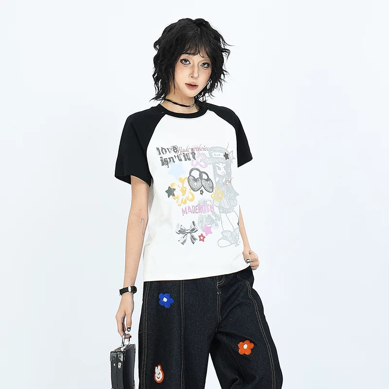 OV original/American fun cartoon printed short sleeved T-shirt for women in summer with raglan sleeves and contrasting color front shoulder short top trend