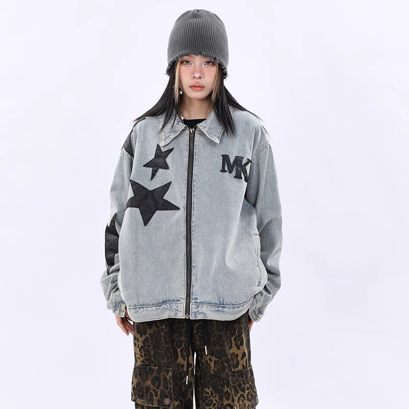 OV Original Spring and Autumn High Street Retro Star Patch Embroidered Vintage Washed Cowboy Jacket Men's and Women's Loose Jacket Trendy