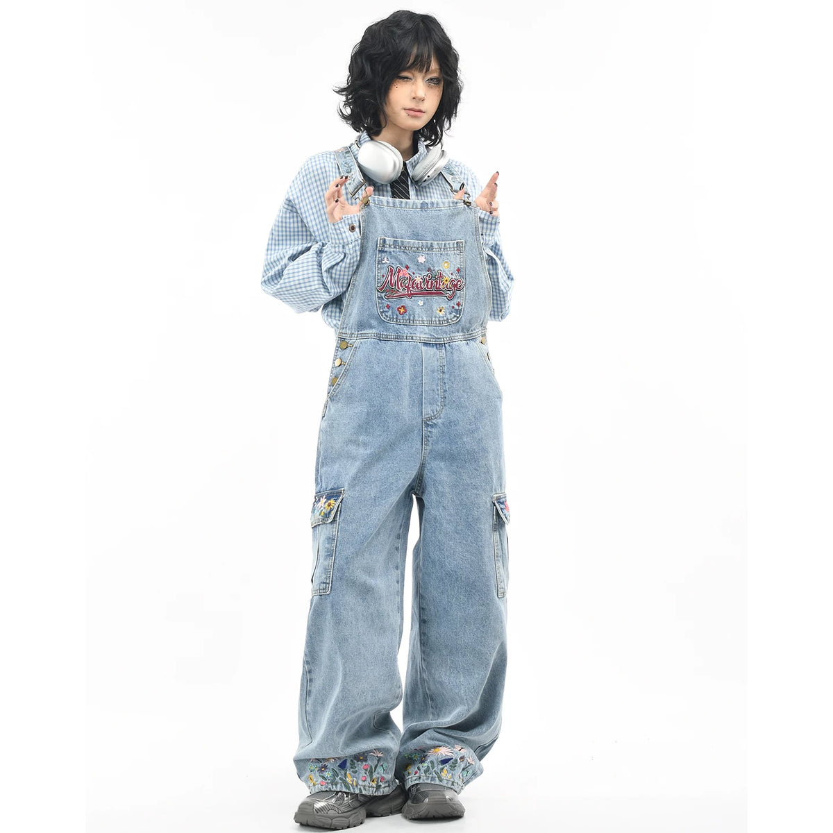 OV original American floral embroidery washed denim overalls for women, retro loose wide leg workwear pants for men