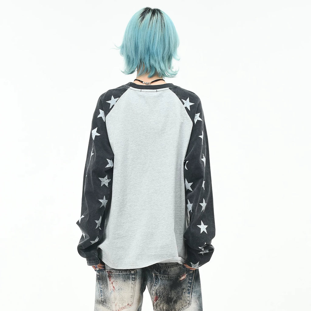 OV original/street hip-hop raglan sleeve contrasting long sleeved T-shirt for men and women in autumn fashion, loose vintage washed top