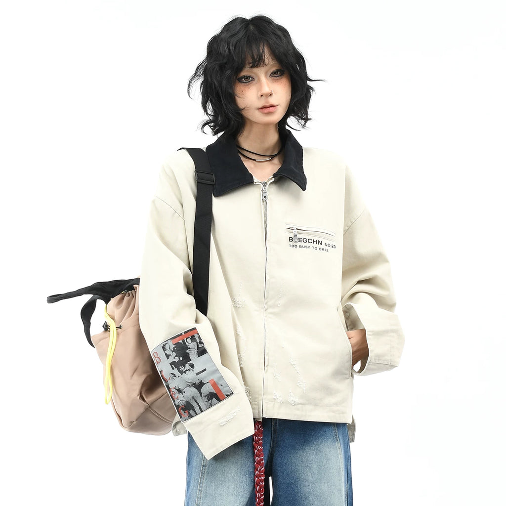 OV original American retro character patch embroidered washed workwear jacket for men and women, autumn street short and wide casual jacket