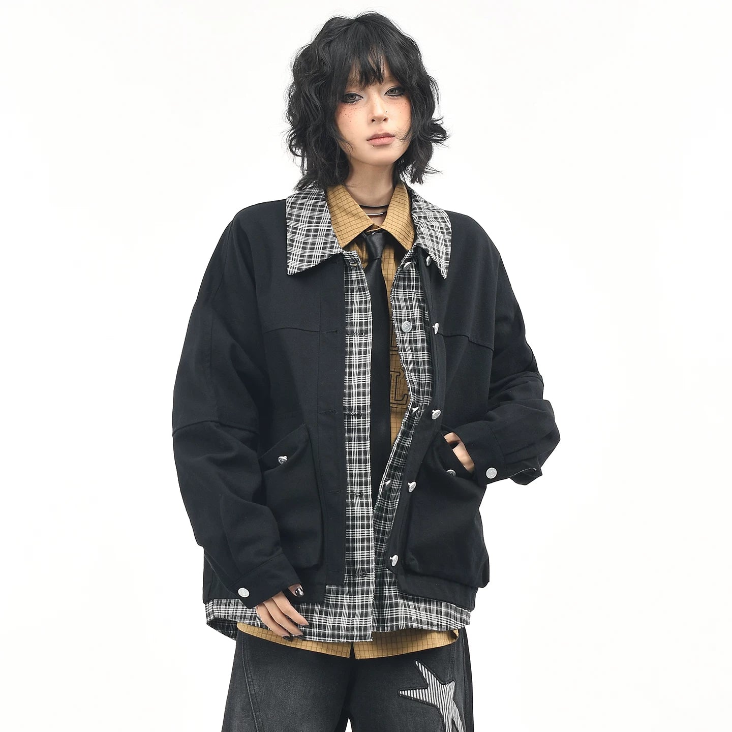 OV original American retro checkered patchwork fake two-piece workwear jacket for women, autumn casual loose collar jacket for men