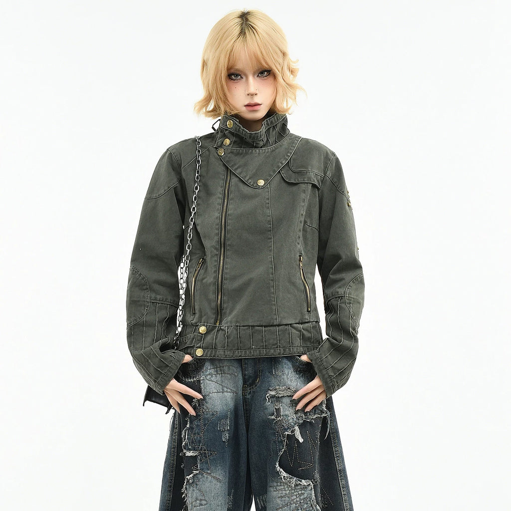 OV original American punk rivet distressed washed stand up collar jacket for women in spring Abi style short motorcycle jacket trend
