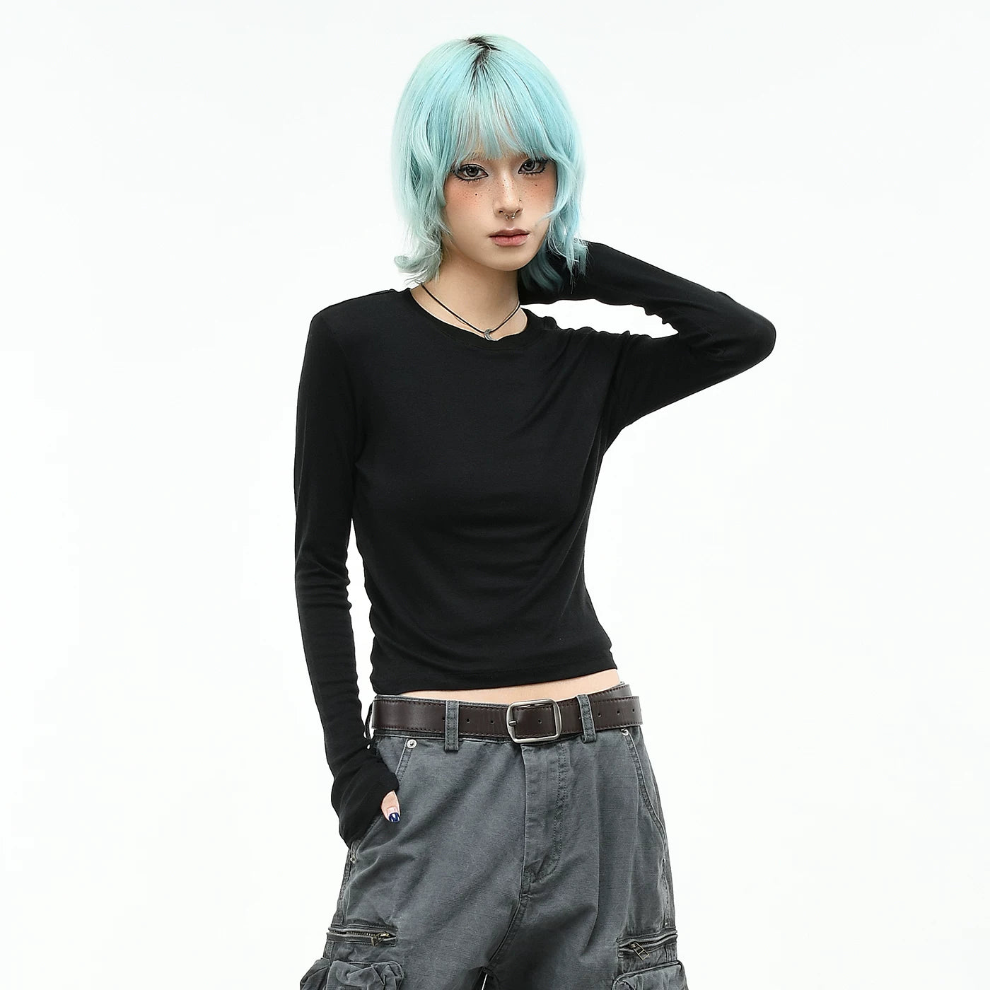 OV Original/White Long sleeved T-shirt Women's Autumn Korean Edition Slim fit Short Bottom Shirt Extremely Simple Style Solid Color Slimming Top