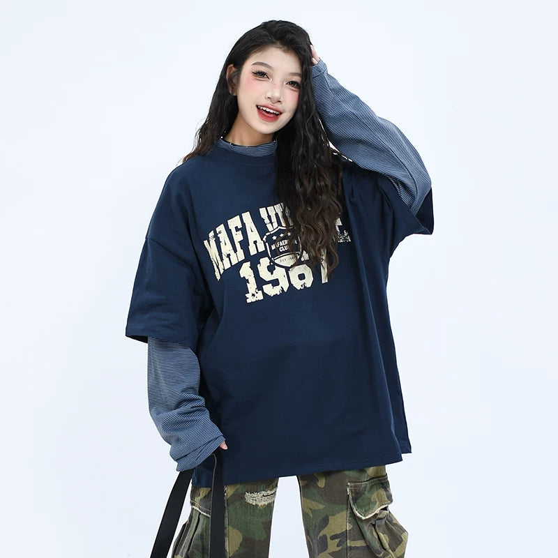 OV Original/Spring American Retro Fake Two Piece Splicing Small High Collar Long Sleeve T-shirt for Men and Women, Uniquely Loose Top Trendy