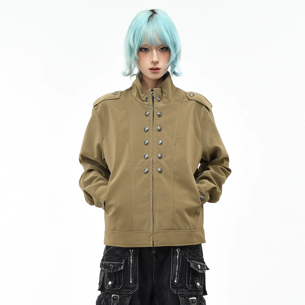 OV original retro Baroque style buckle design PU leather jacket for men and women autumn loose short standing collar jacket jacket