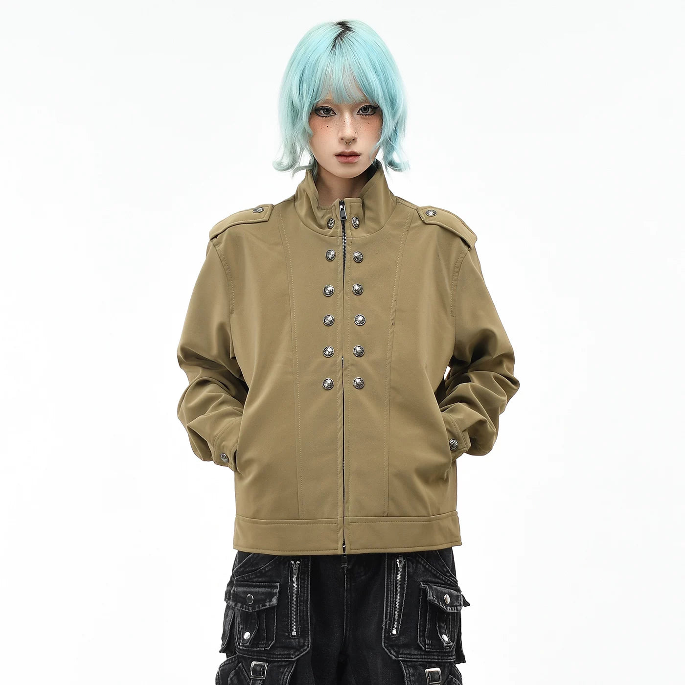 OV original retro Baroque style buckle design PU leather jacket for men and women autumn loose short standing collar jacket jacket