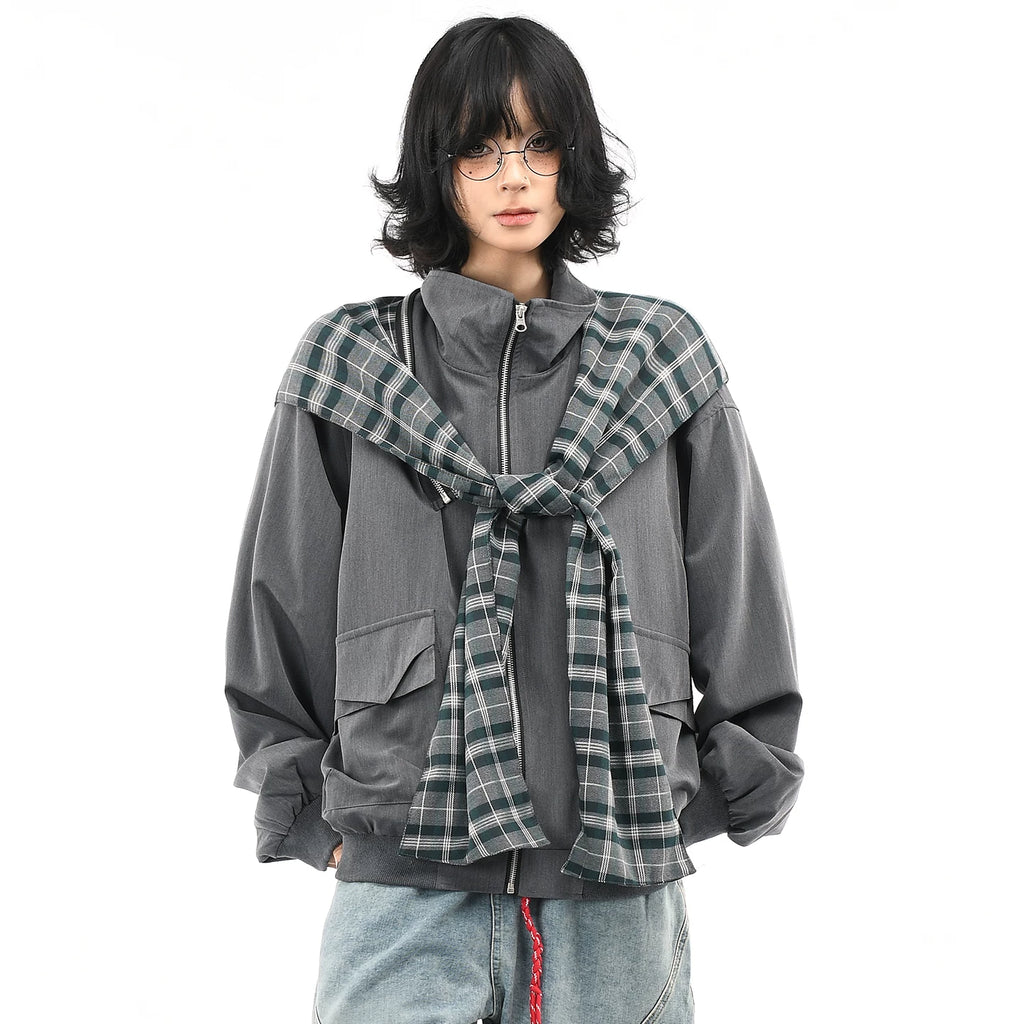 OV original American retro plaid shawl detachable design jacket for men and women autumn loose shaped hat jacket trend