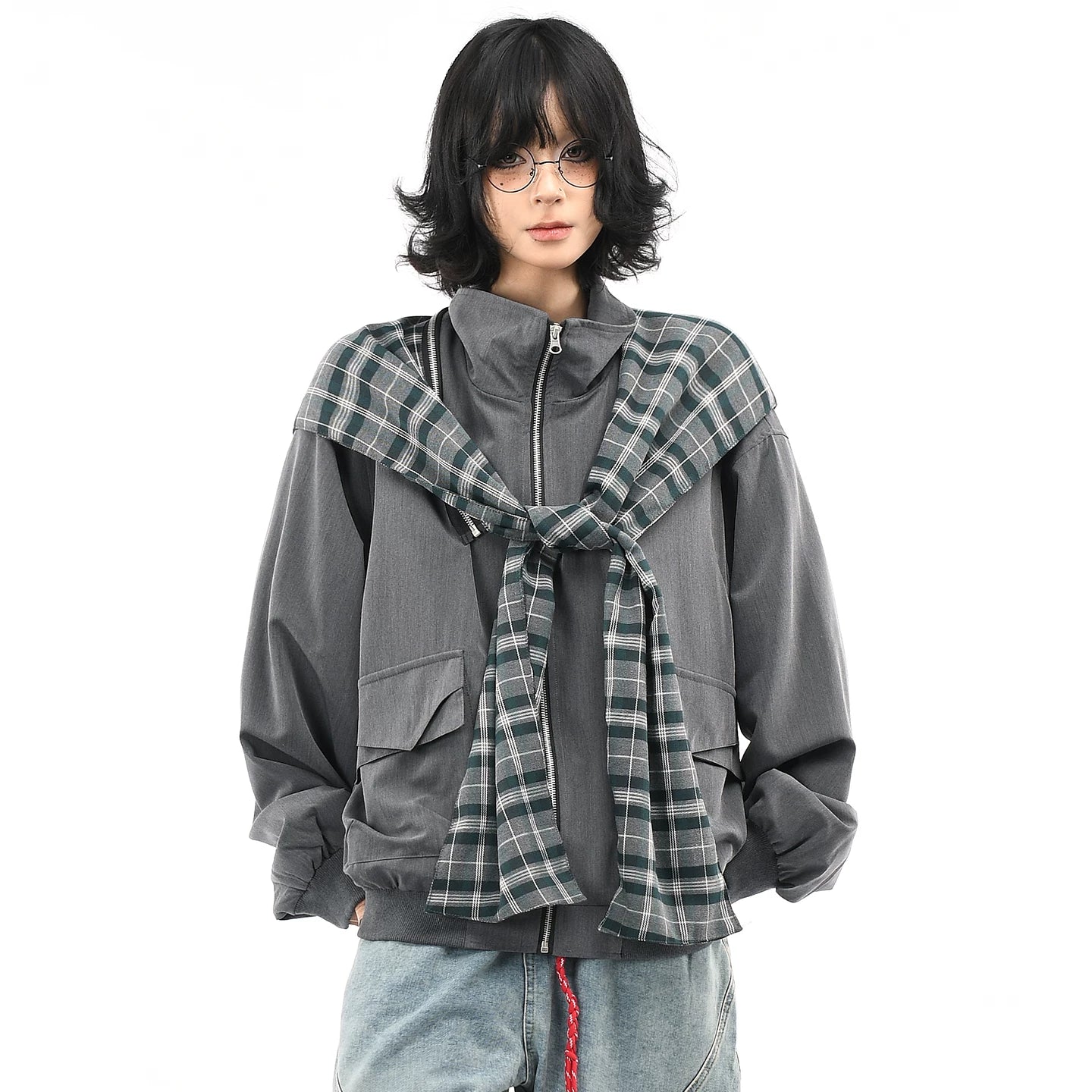OV original American retro plaid shawl detachable design jacket for men and women autumn loose shaped hat jacket trend