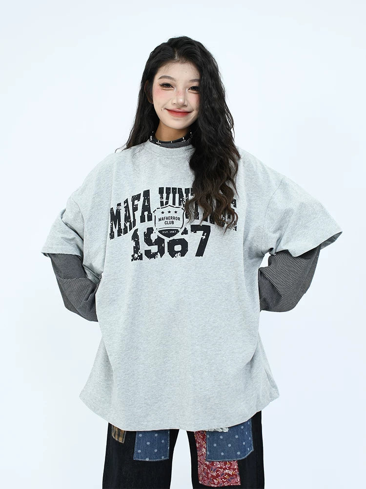 OV Original/Spring American Retro Fake Two Piece Splicing Small High Collar Long Sleeve T-shirt for Men and Women, Uniquely Loose Top Trendy