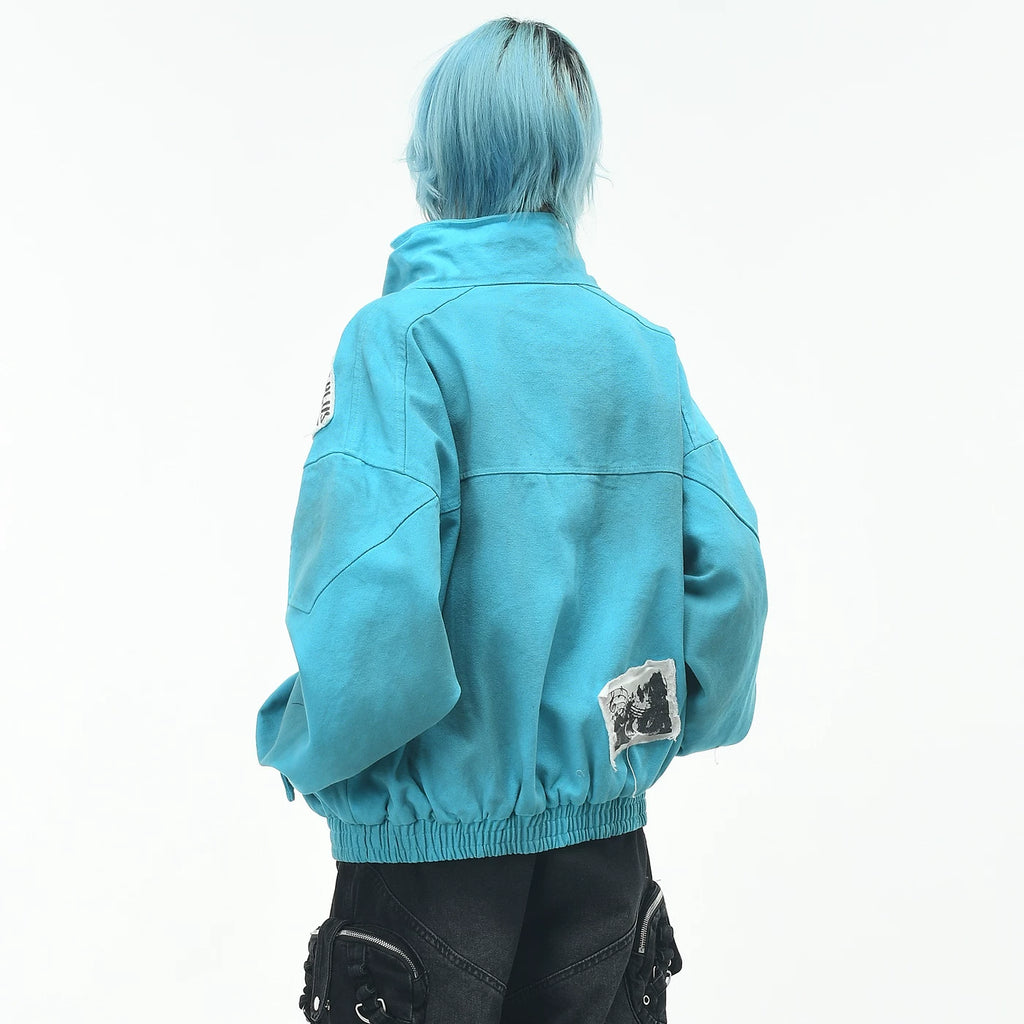 OV Original Waste Soil Wind Dirty Dyeing Doing Old Water Wash Rock Stand up Collar Jacket for Men and Women Autumn Street Loose Short Jacket
