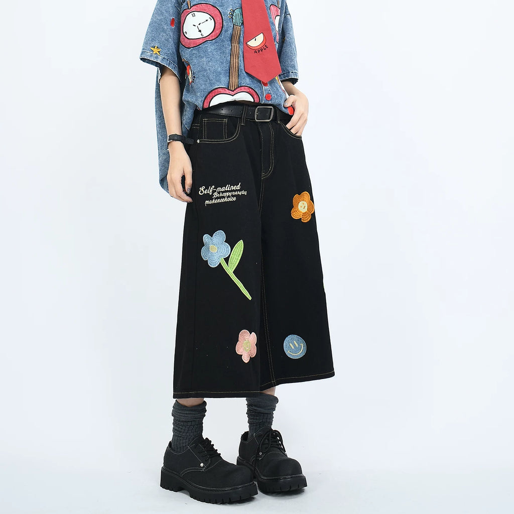 OV original American cropped pants with floral embroidery, washed denim, men's and women's summer retro loose shorts trend