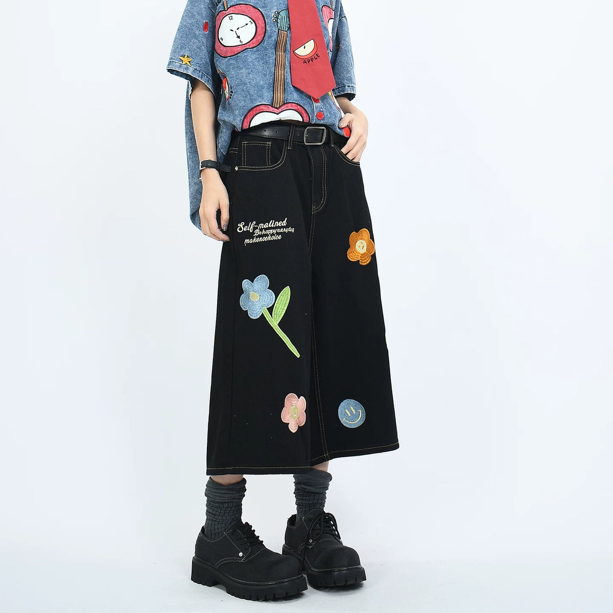 OV original American cropped pants with floral embroidery, washed denim, men's and women's summer retro loose shorts trend