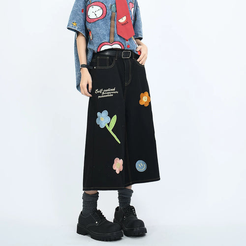 OV original American cropped pants with floral embroidery, washed denim, men's and women's summer retro loose shorts trend
