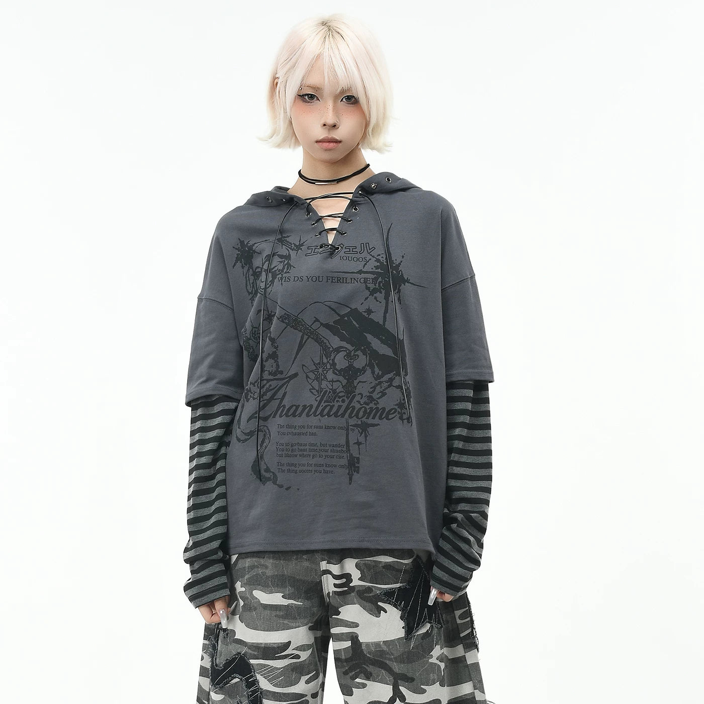 OV original high street Abi style strap V-neck long sleeved T-shirt for men and women autumn loose fitting fake two-piece spliced hooded top