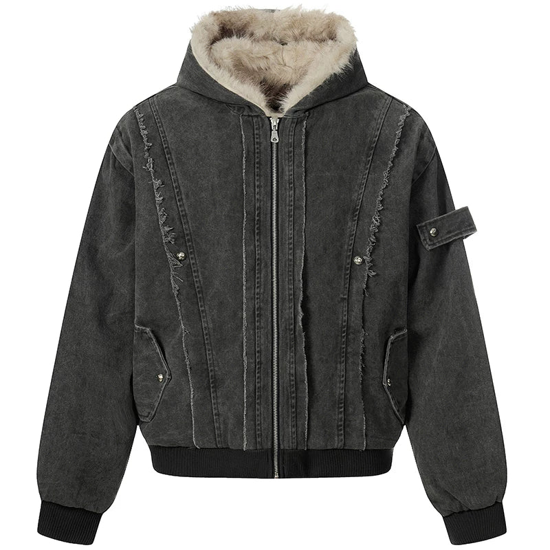 OV Original American Deconstructed Edge Splicing Used Cotton Jacket for Women Winter Seat Mountain Carving Loose Hooded Cotton Jacket for Men