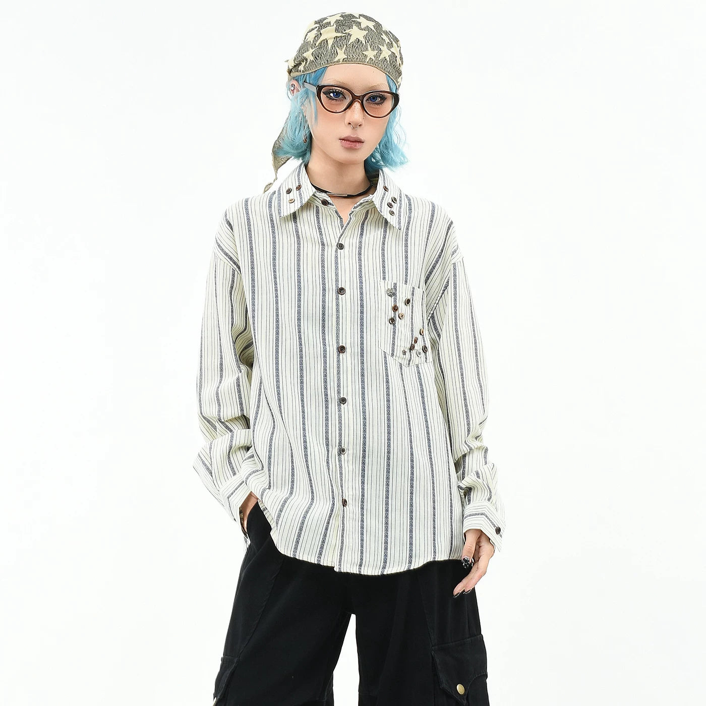 OV original retro striped contrasting yuppie long sleeved shirt for men and women in autumn, loose and irregular button design shirt trend