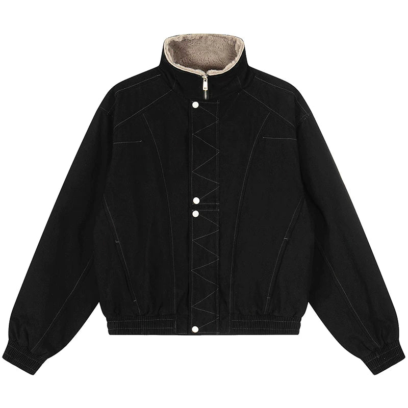 OV Original American Retro Clear Thread Deconstruction Design with Velvet Warm Coat Women's Winter Loose Casual Cotton Coat