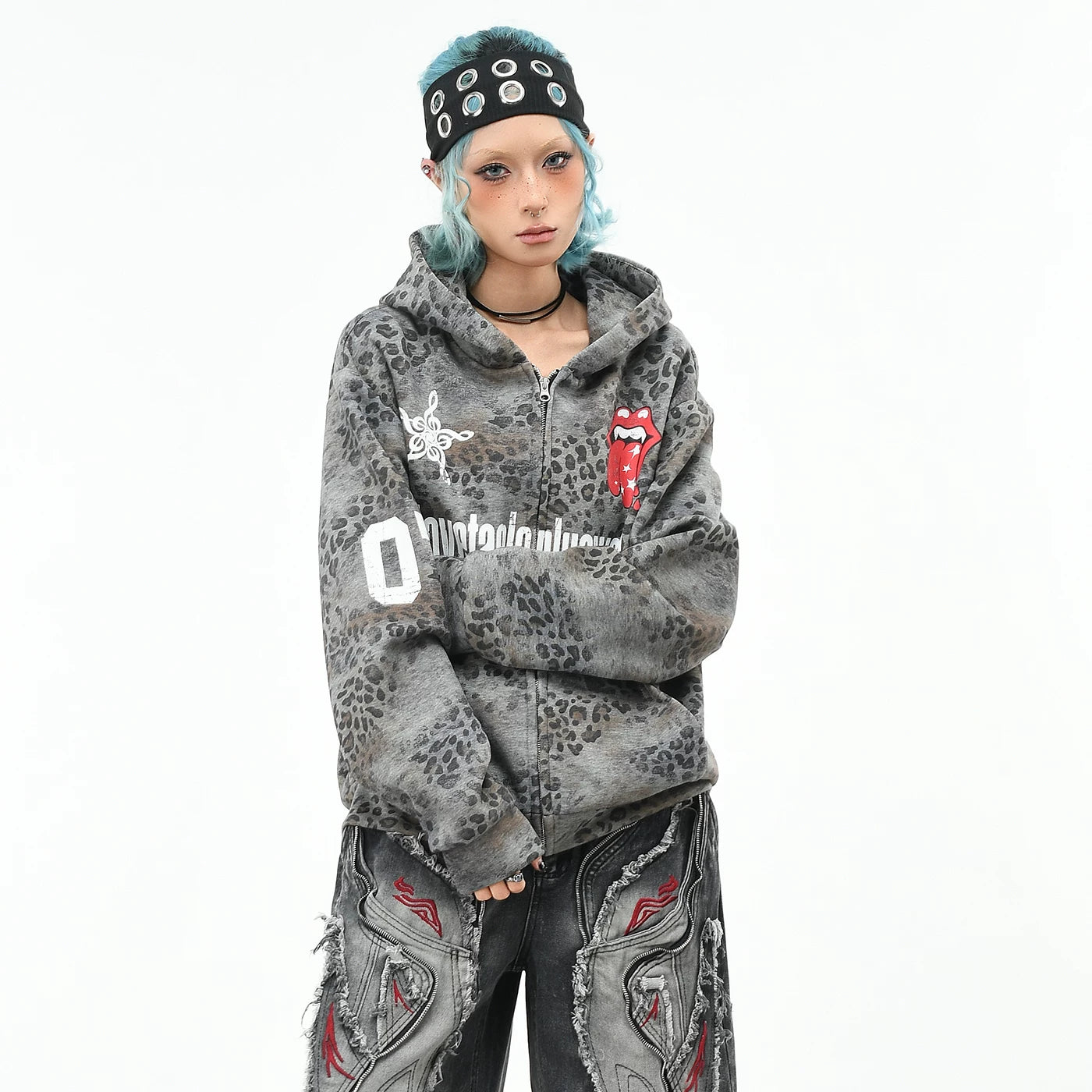 OV original American leopard print rolling stone print hooded sweatshirt for men and women, autumn loose subculture trendy brand cardigan jacket