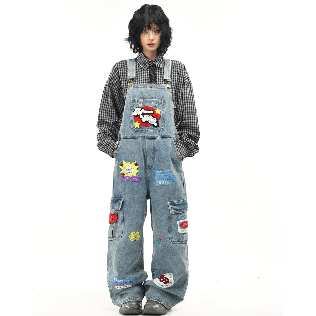 OV Original/American Plush Embroidery Washed Cowboy Strap Pants for Women Retro Loose Trendy Brand Ins jumpsuit Pants for Men