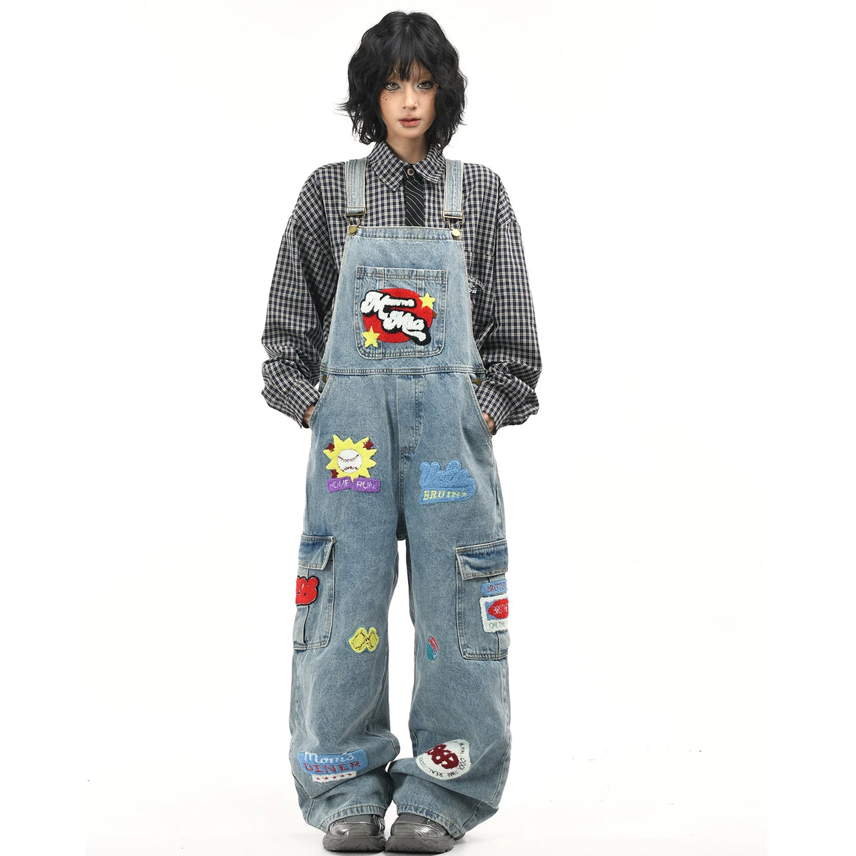 OV Original/American Plush Embroidery Washed Cowboy Strap Pants for Women Retro Loose Trendy Brand Ins jumpsuit Pants for Men