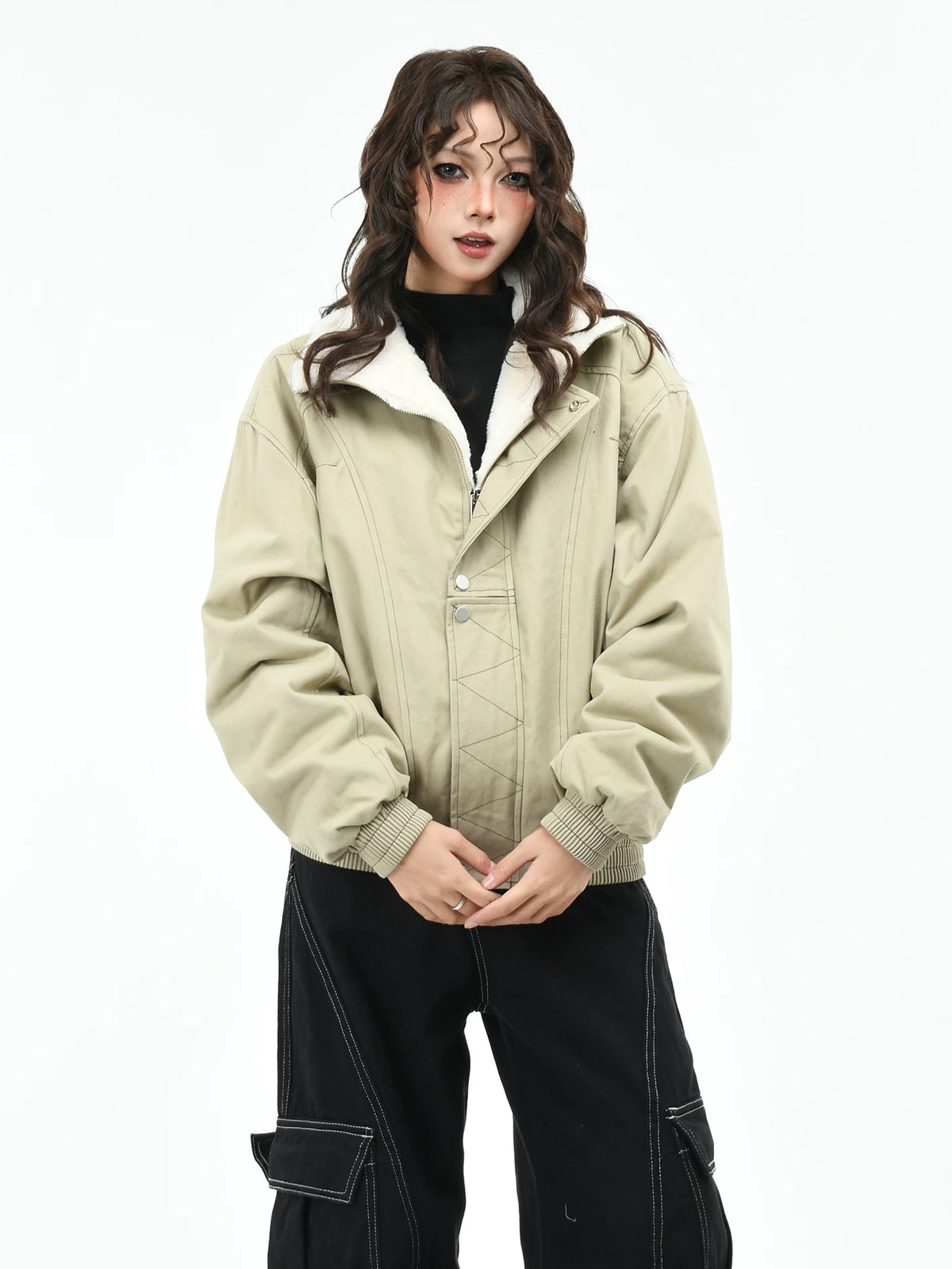 OV Original American Retro Clear Thread Deconstruction Design with Velvet Warm Coat Women's Winter Loose Casual Cotton Coat