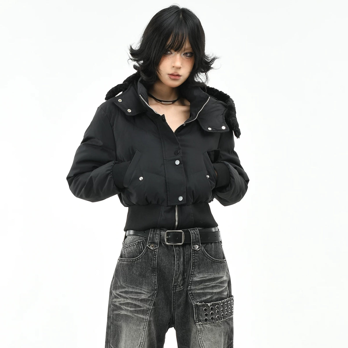 OV original American style widened thread waist design hooded cotton jacket women's winter short style slimming cotton jacket