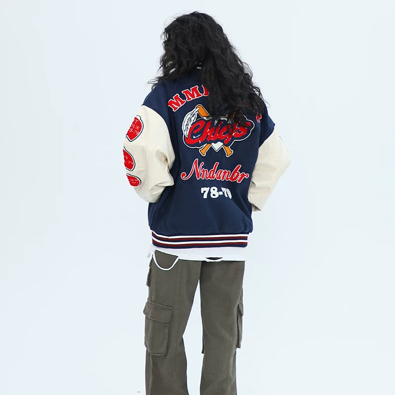 OV Original Winter High Street Retro Plush Embroidered Baseball Jacket with Cotton Jacket for Men and Women Hip Hop Loose Thick Cotton Jacket