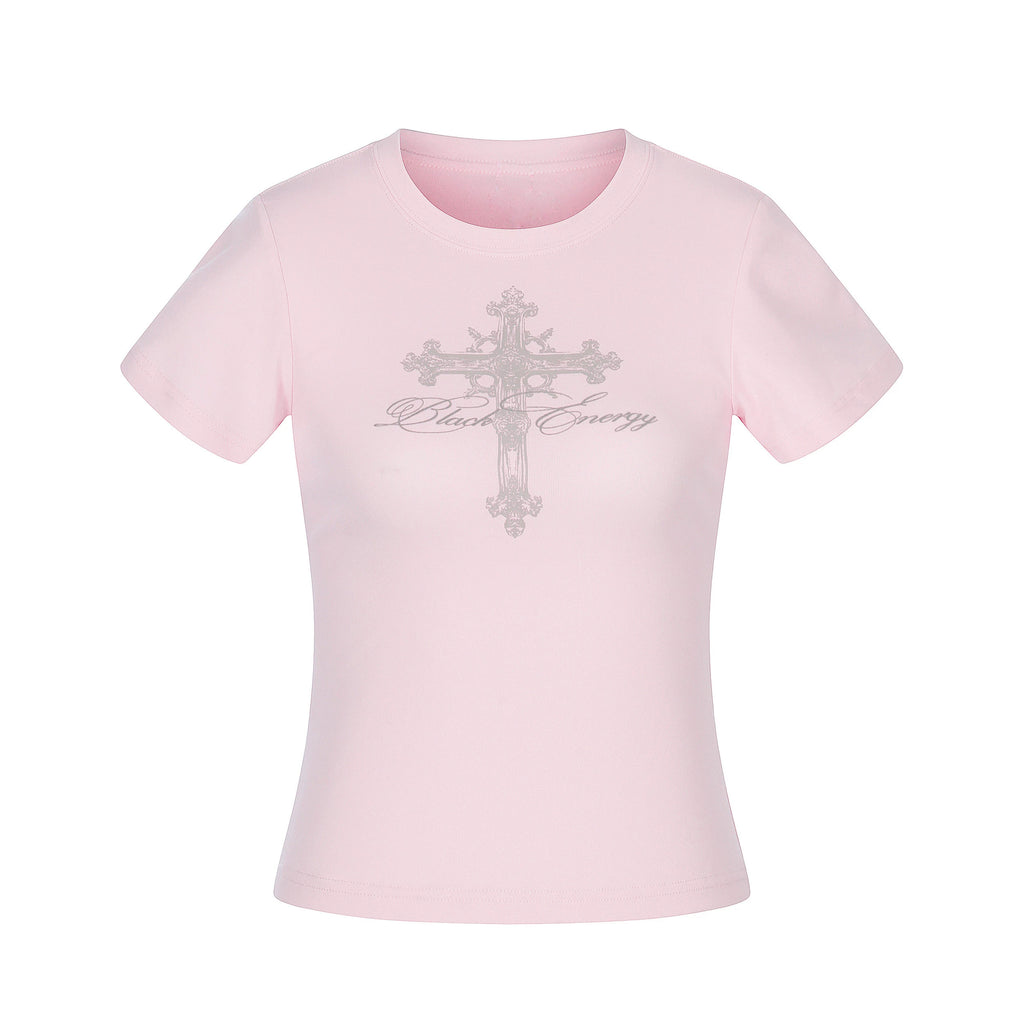 OV original/American style spicy girl cross print short sleeved T-shirt for women's summer slim fit short cut, slimming up straight shoulder top