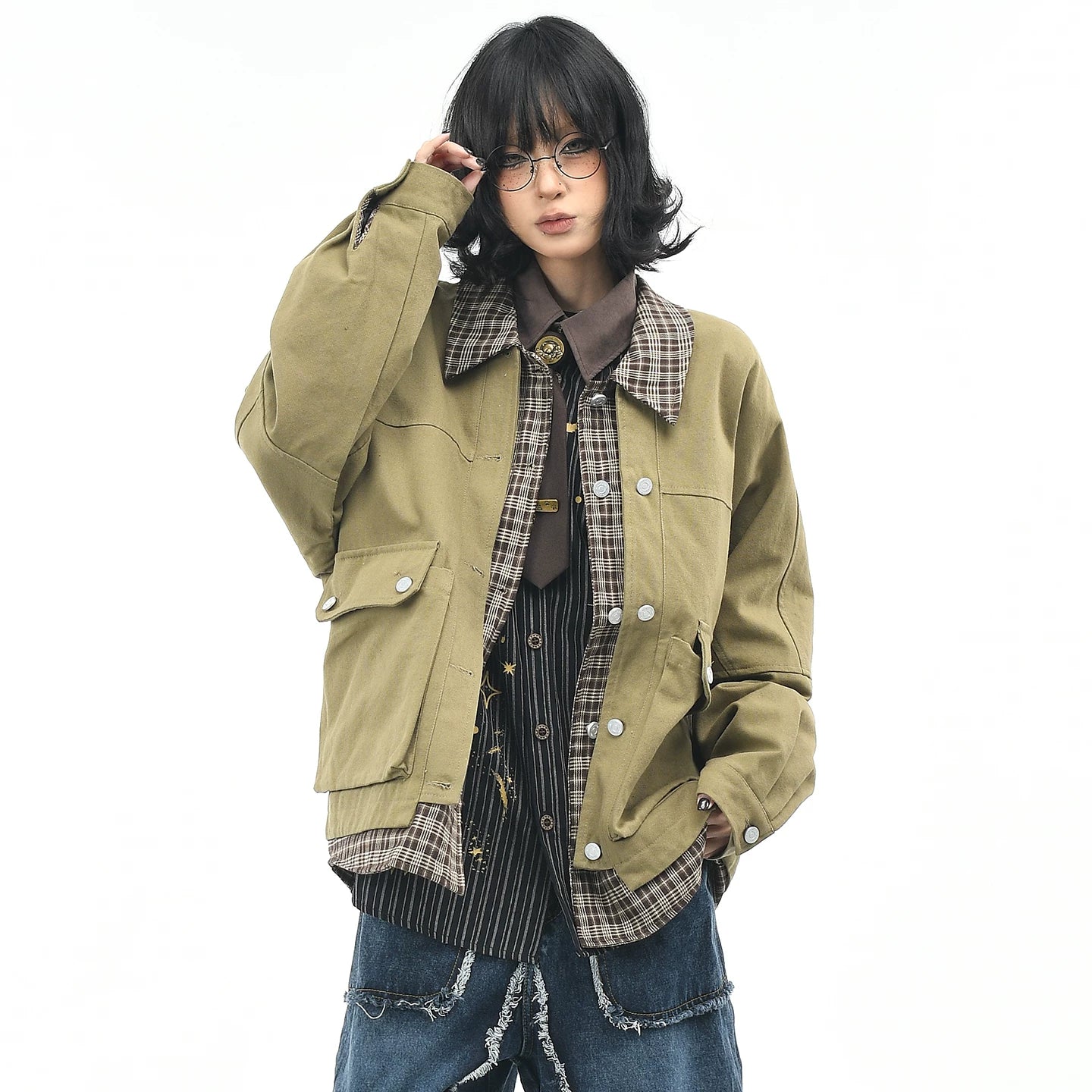 OV original American retro checkered patchwork fake two-piece workwear jacket for women, autumn casual loose collar jacket for men