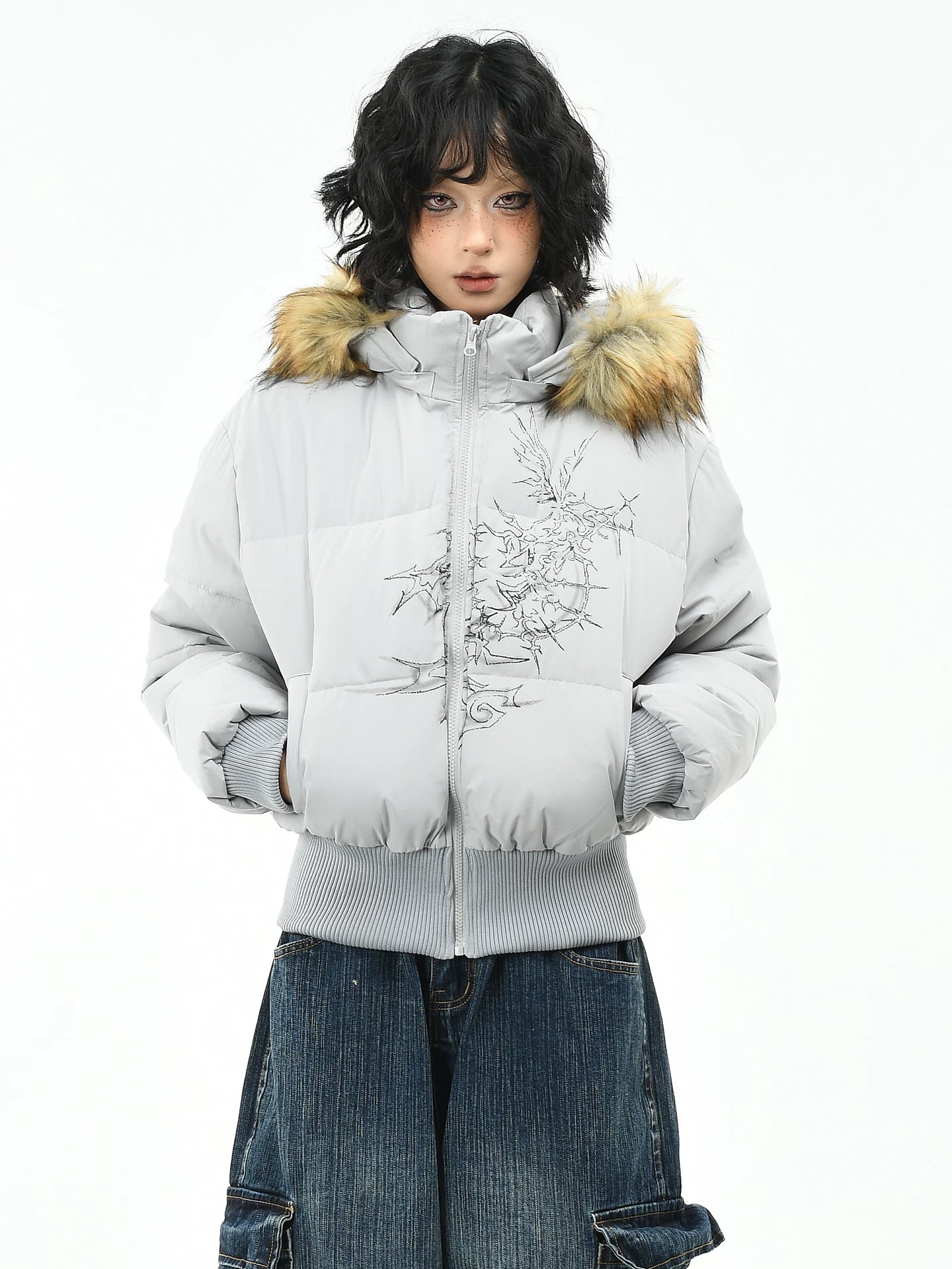 OV original American style fur collar, detachable waist, hood, cotton jacket, women's winter short style, slim and warm, cotton jacket, trendy