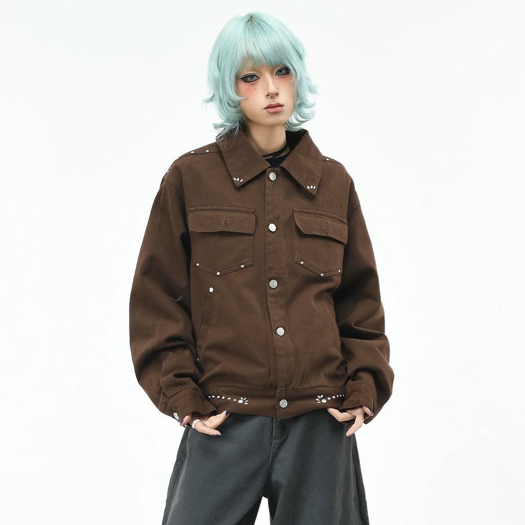 OV original American retro rivet multi pocket workwear jacket for men and women autumn deconstruction loose short lapel jacket