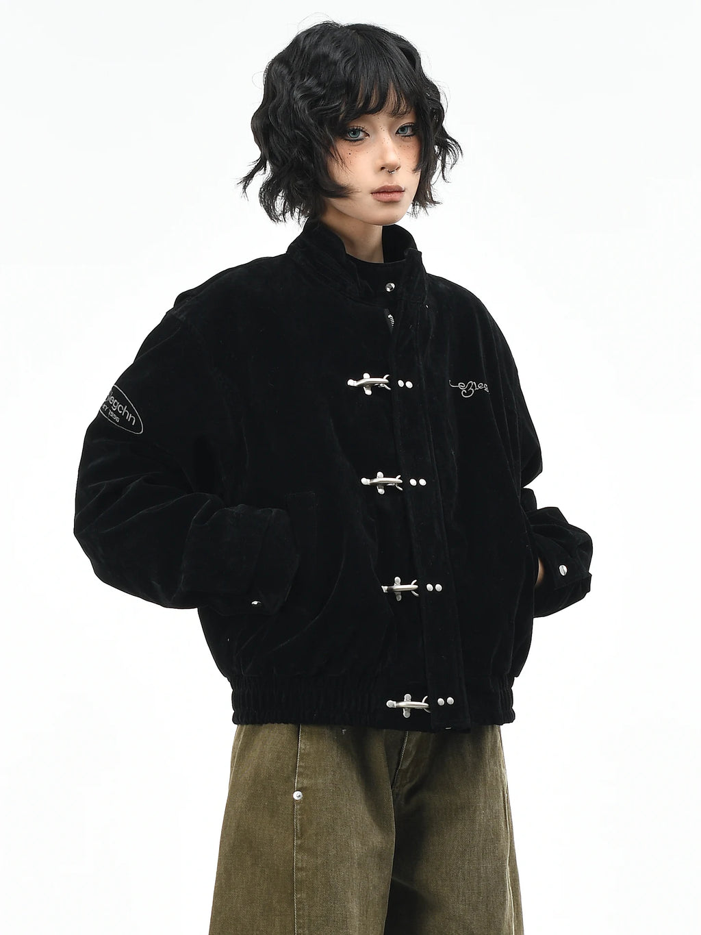 OV Original American Retro Leather Fleece Airplane Buckle Stand up Collar Short Down Jacket Women's Winter Thick Warm Thick Coat