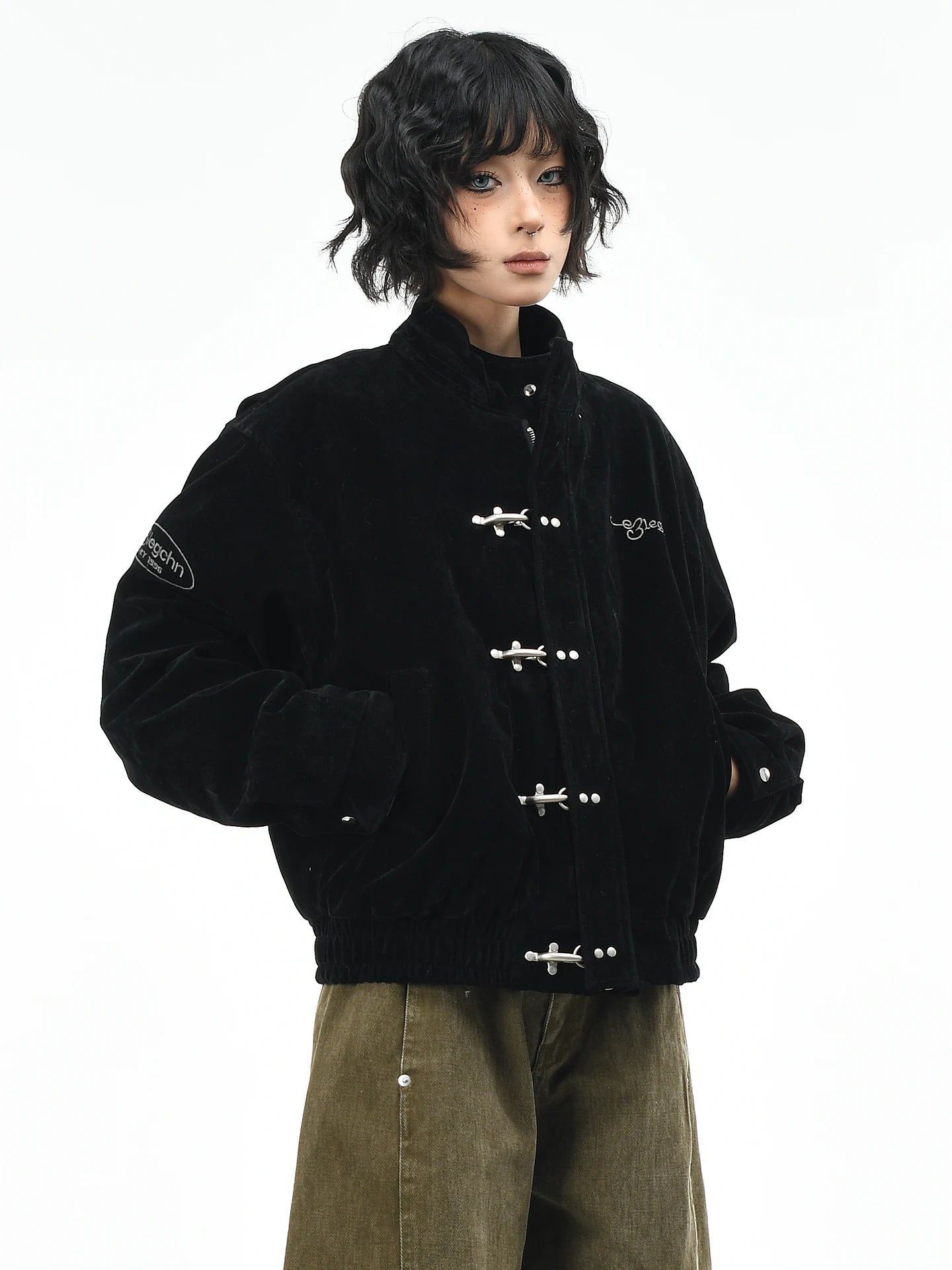 OV Original American Retro Leather Fleece Airplane Buckle Stand up Collar Short Down Jacket Women's Winter Thick Warm Thick Coat