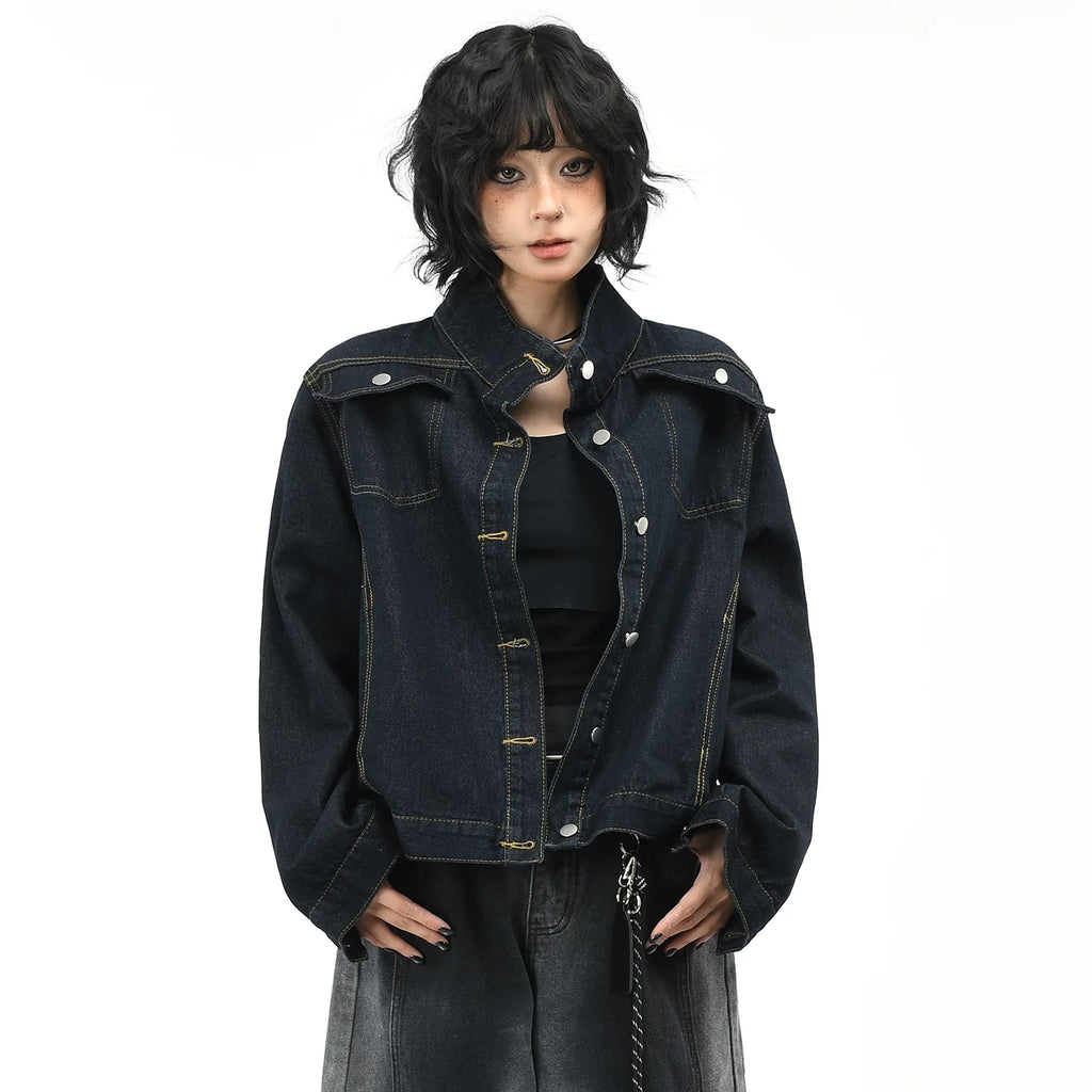 OV original American washed vintage stand up collar denim jacket for women's autumn street ruff and casual short jacket top