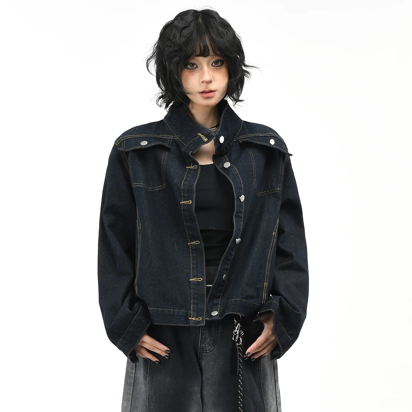 OV original American washed vintage stand up collar denim jacket for women's autumn street ruff and casual short jacket top