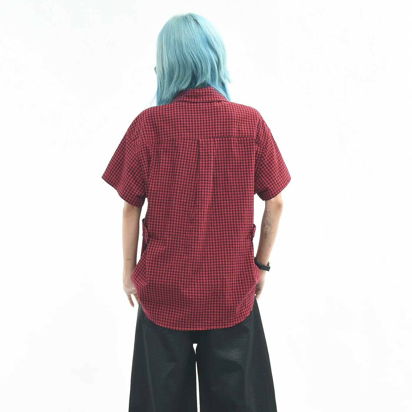 OV original American retro plaid pleated short sleeved shirt for men and women in summer, loose fit, waist cinching, slimming couple shirt trend