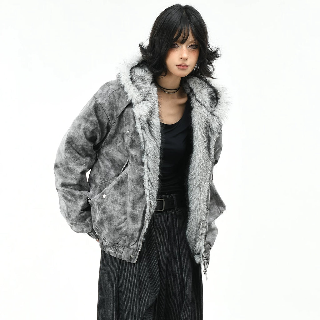 OV original American tie dye mountain carving hooded cotton jacket for women in winter retro loose couple warm cotton clothes trend