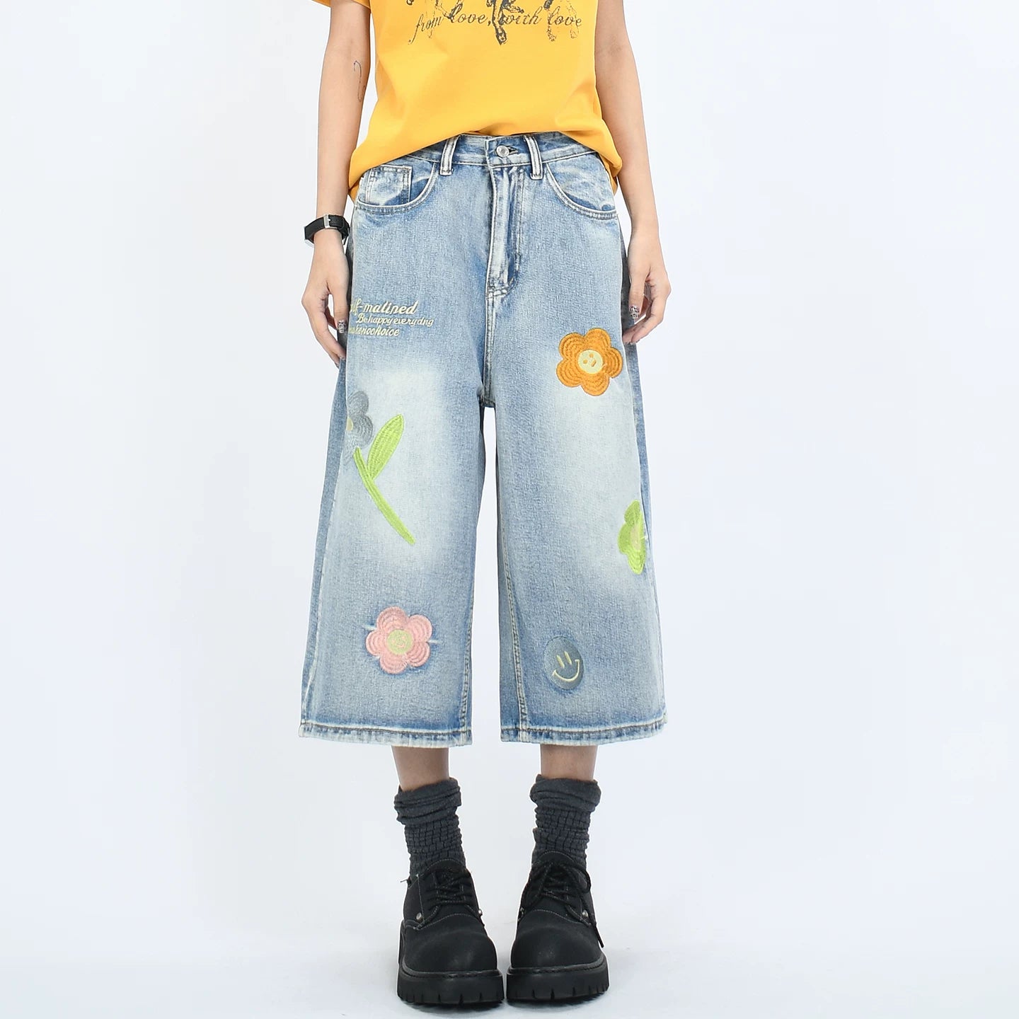 OV original American cropped pants with floral embroidery, washed denim, men's and women's summer retro loose shorts trend
