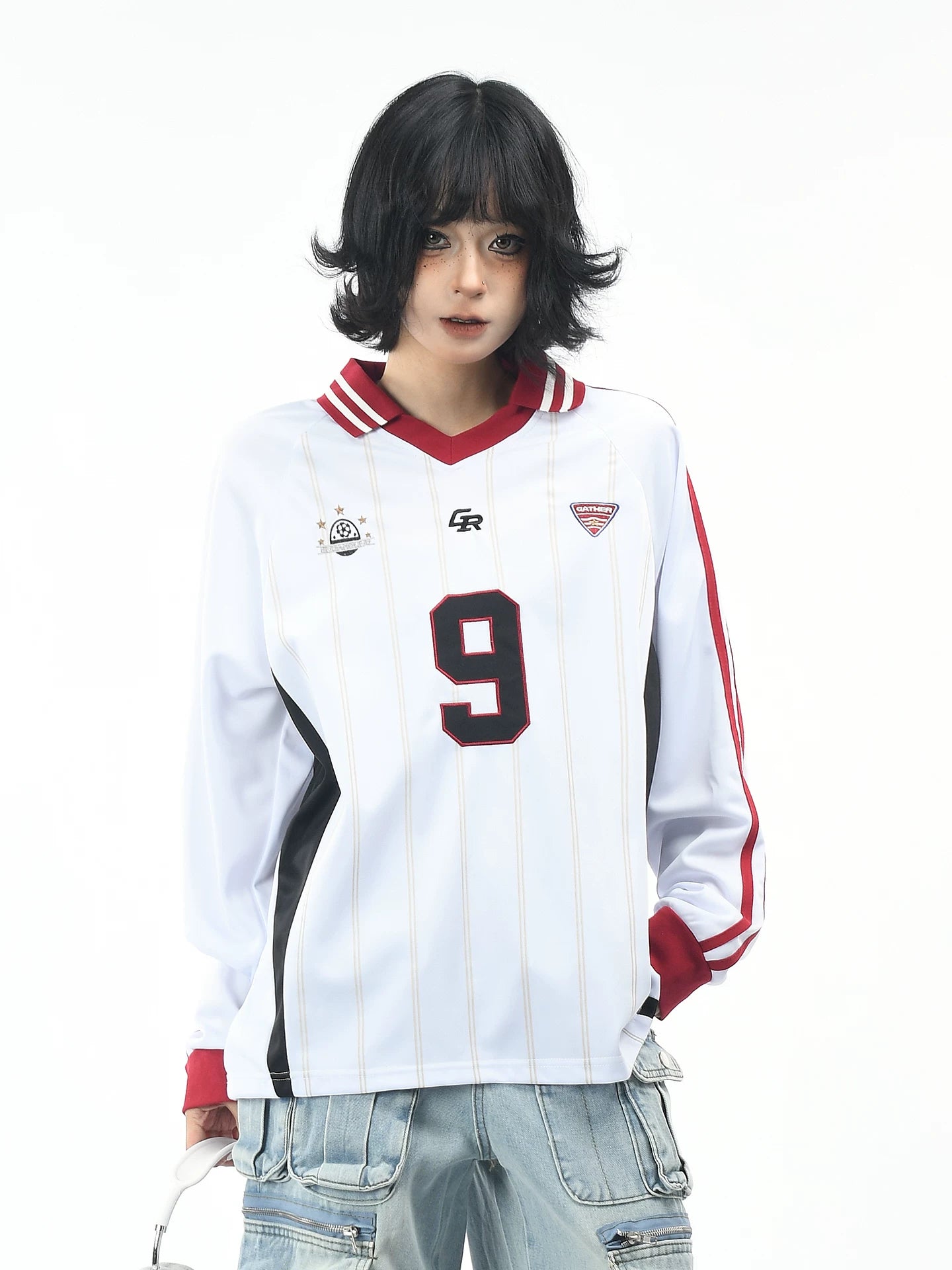 OV original American retro patchwork striped long sleeved T-shirt for men and women in autumn, loose contrasting color, digital embroidery V-neck jersey