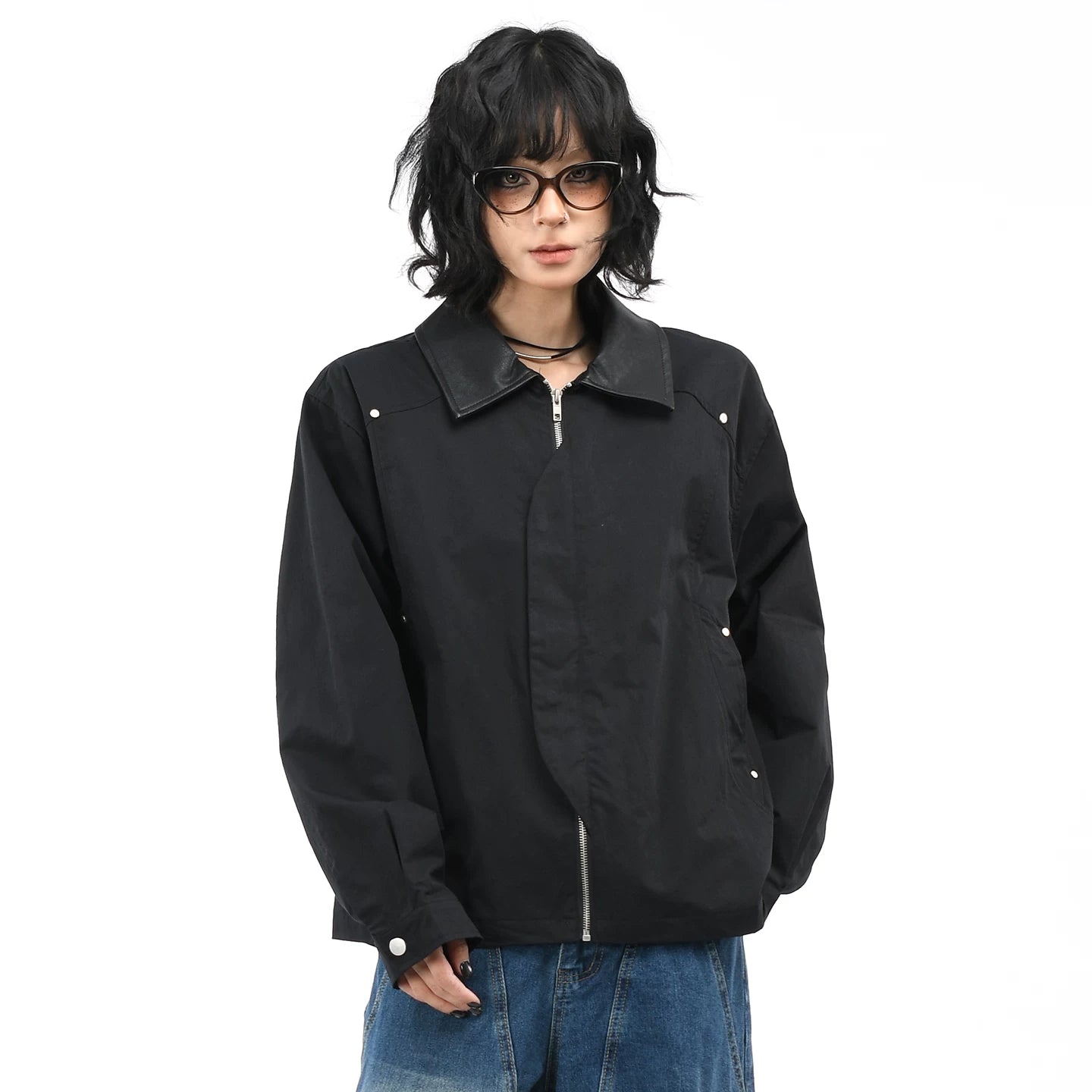 OV original American washed leather collar patchwork short jacket for men and women autumn street fashion brand loose workwear jacket trend