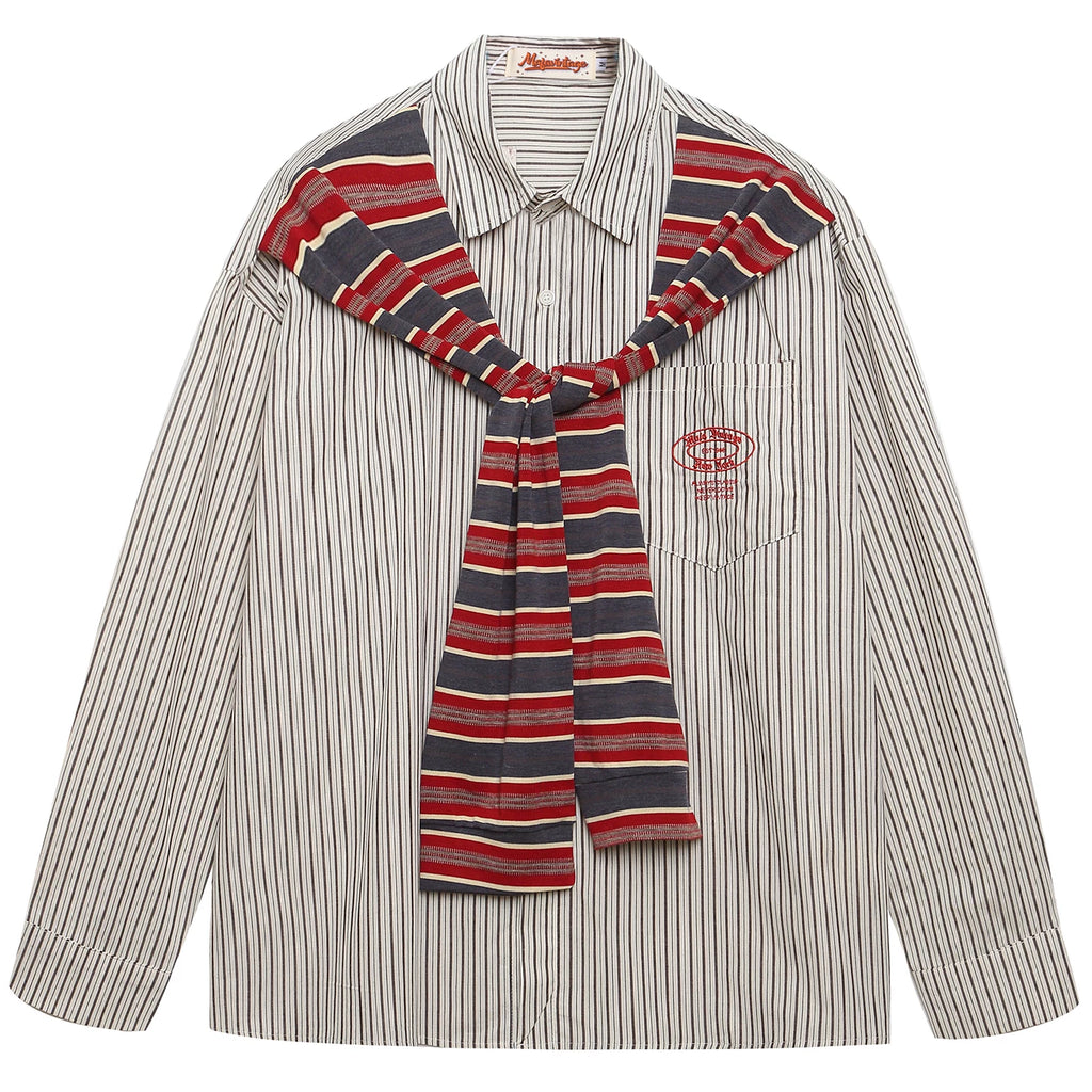 OV original American retro striped shawl design long sleeved shirt for men and women autumn street loose casual shirt trend