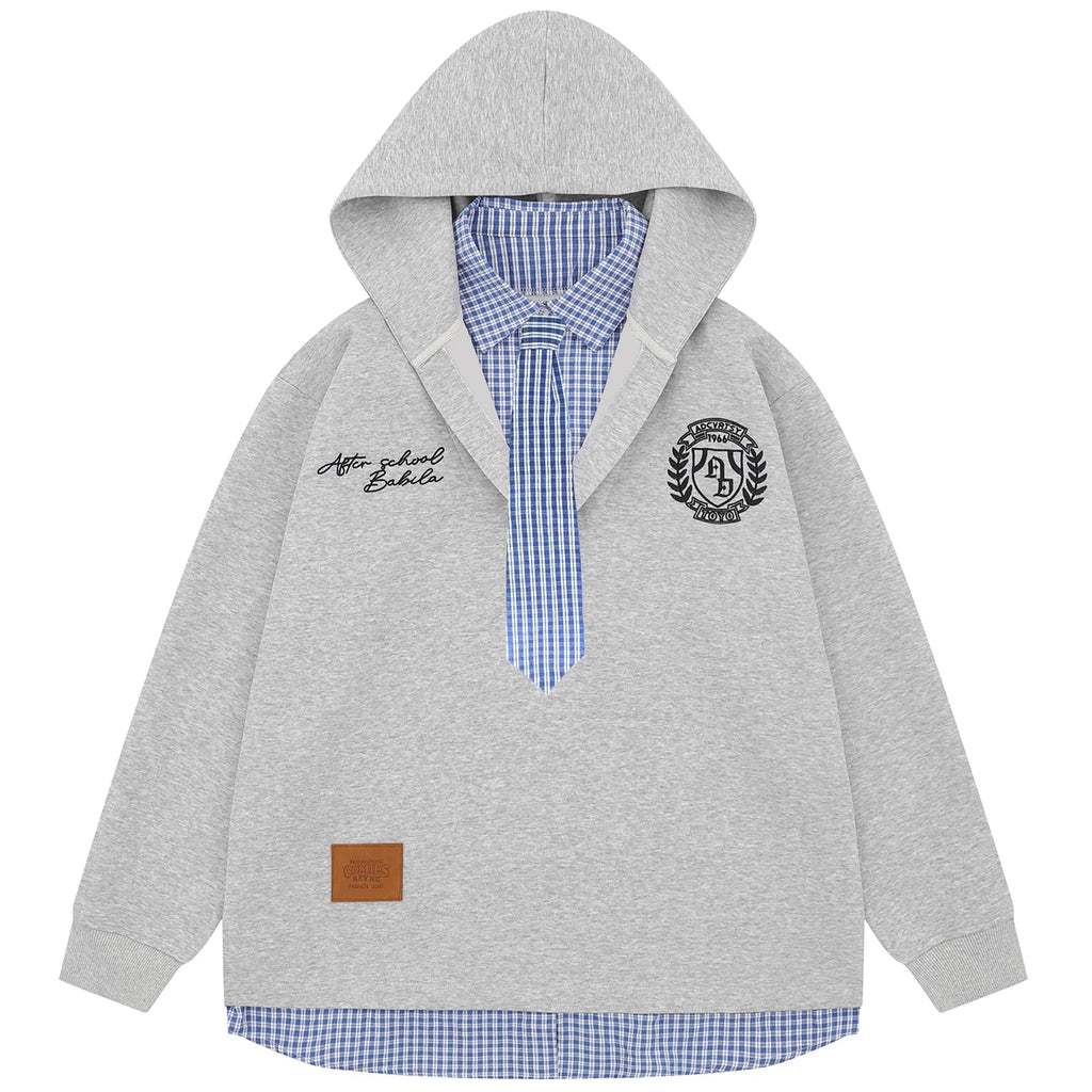 OV original American plaid fake two-piece spliced tie hooded sweatshirt for men and women, autumn college style casual jacket trendy